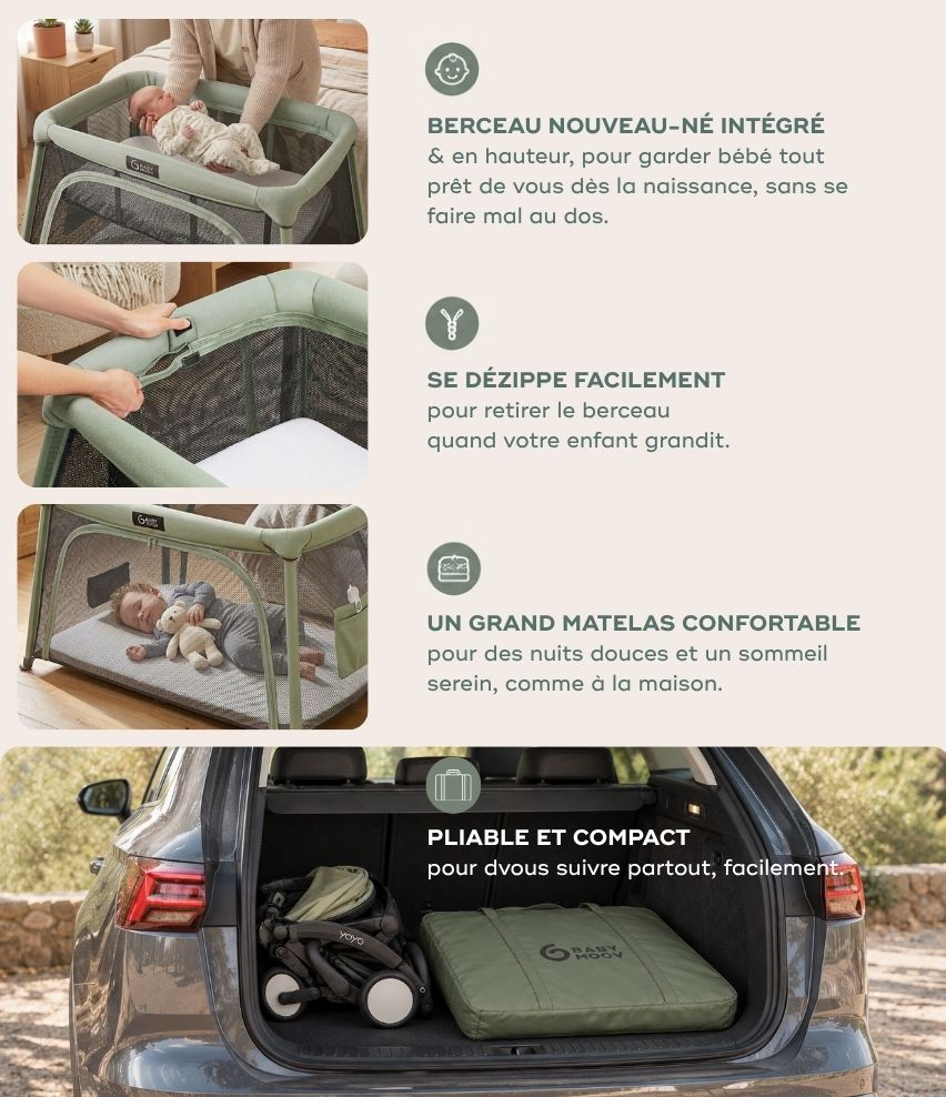 Lit parapluie bébé avec berceau intégré, 0 à 4 ans – Moov & Comfy