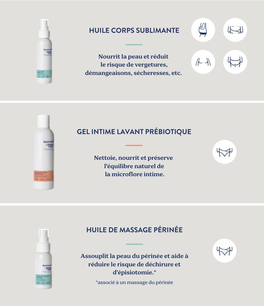 Coffret trio Huile anti-vergeture, Huile périnée, Gel prébiotique